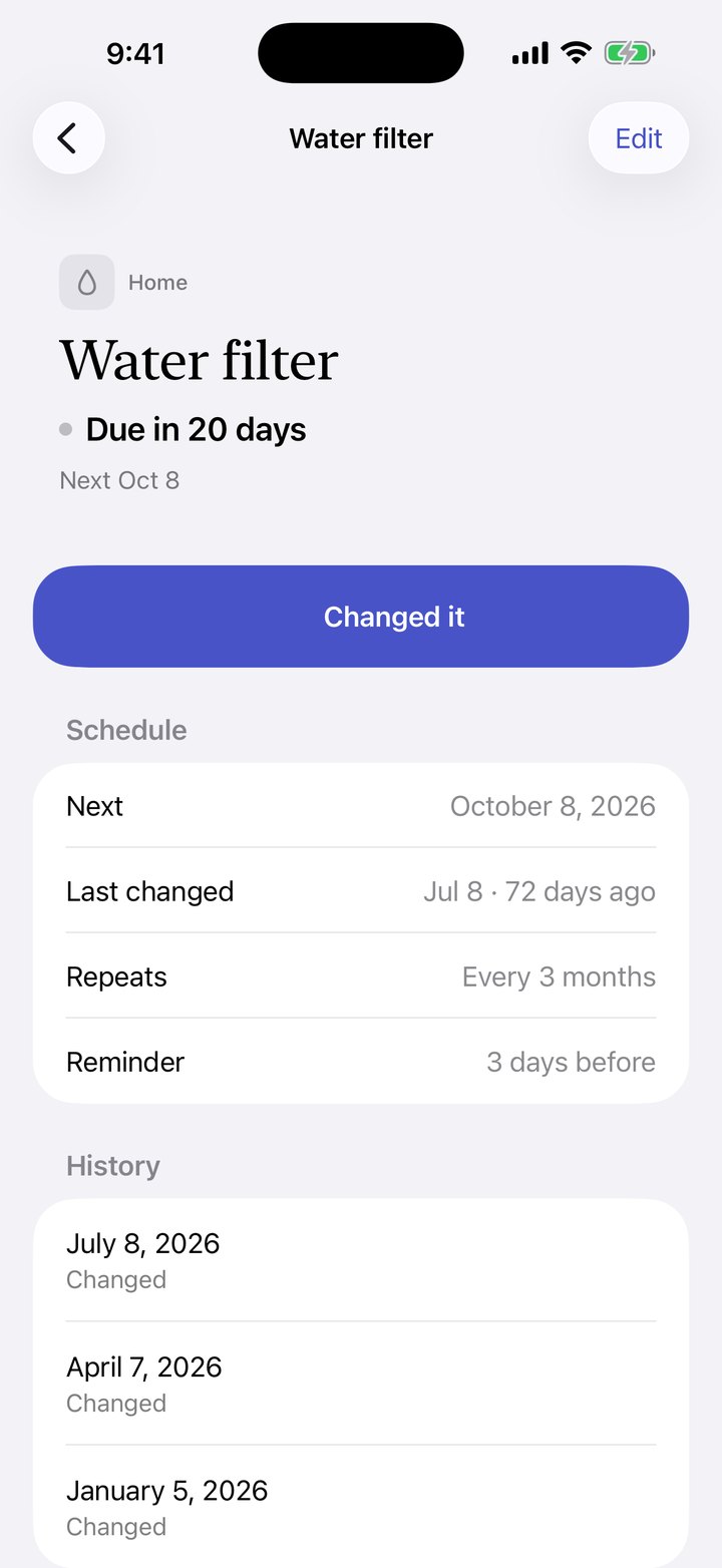 A water filter's page: due in 20 days, last replaced 72 days ago, repeats every 3 months, with its history.